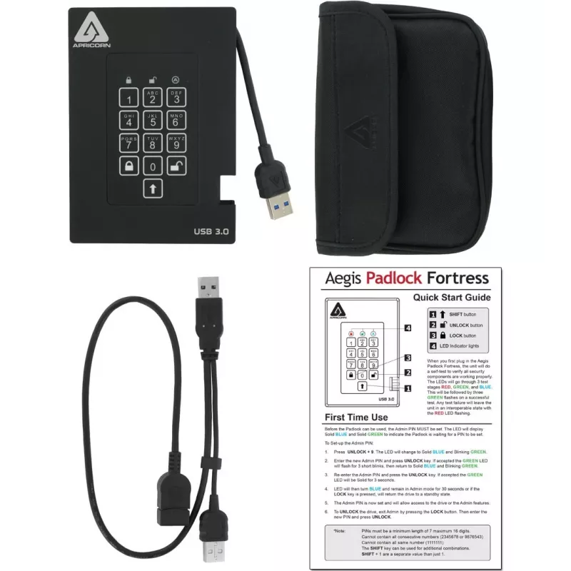 Apricorn Aegis Padlock Fortress A25-3PL256-500F External Hard Drive - 500GB - USB 3.2 Gen 1 - AES 256-bit Hardware Encryption - Black