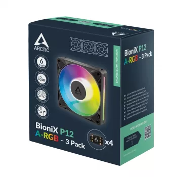 Arctic BioniX P12 A-RGB 120mm PWM Wentylator obudowy (3 sztuki) – Adresowalny RGB, 450-3000 RPM, 129 m³/h, Czarny
