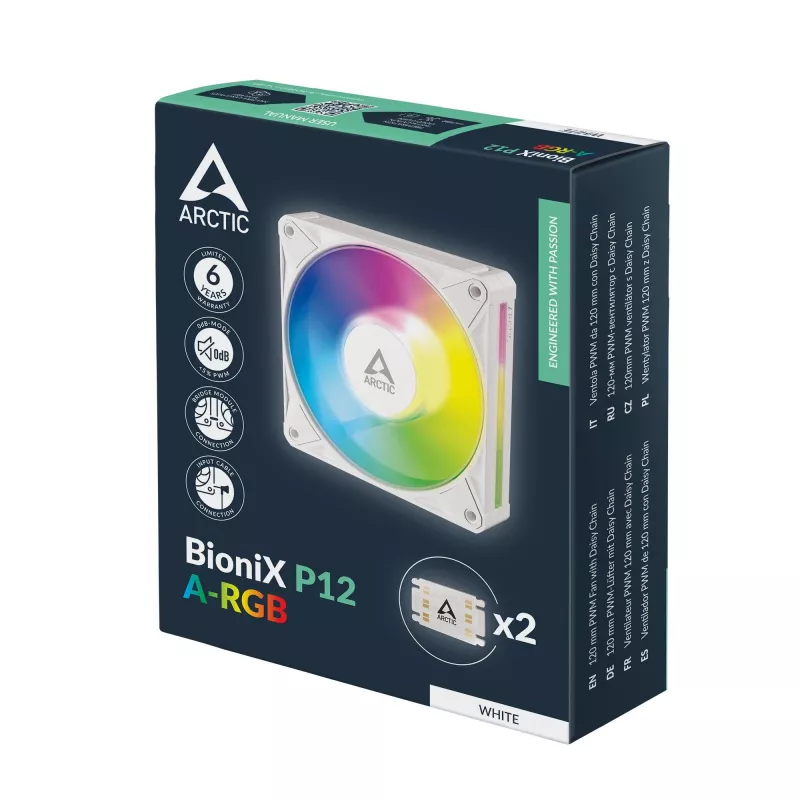 ARCTIC BioniX P12 A-RGB Biały 120mm Wentylator obudowy PWM, 450-3000 RPM, Adresowalny RGB, Daisy Chain