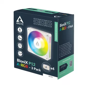 Arctic BioniX P12 A-RGB White 3-Pack – 120mm PWM Wentylator obudowy z adresowalnym RGB i łańcuchem, 450-3000 RPM