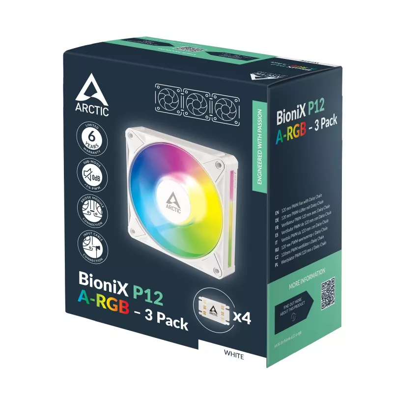 Arctic BioniX P12 A-RGB White 3-Pack – 120mm PWM Wentylator obudowy z adresowalnym RGB i łańcuchem, 450-3000 RPM