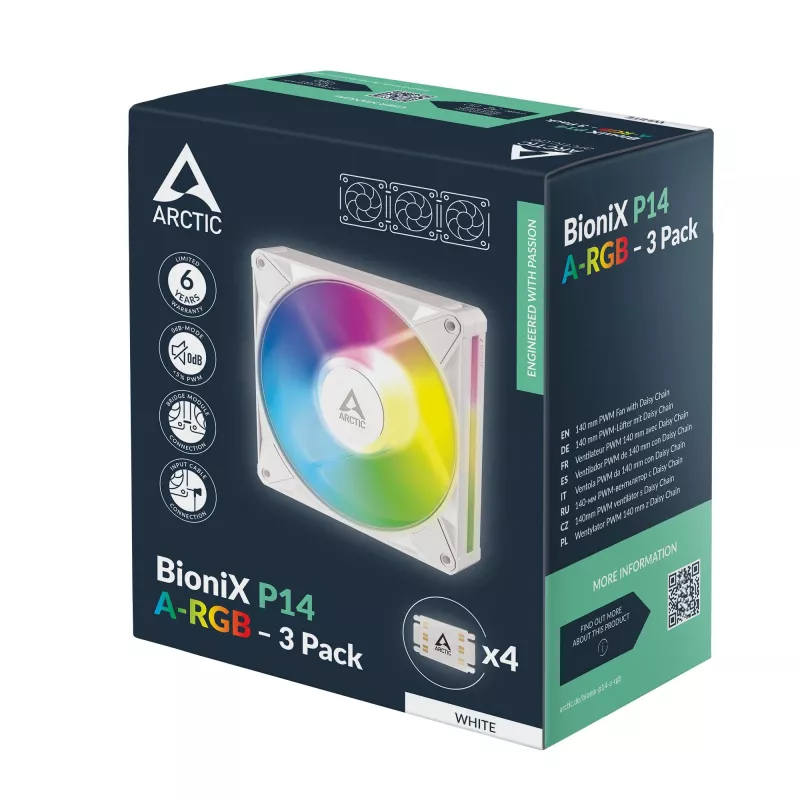 Arctic BioniX P14 A-RGB (Biały) Zestaw 3 szt. | 140 mm wentylator obudowy PWM z podświetleniem A-RGB, 400–2500 obr./min