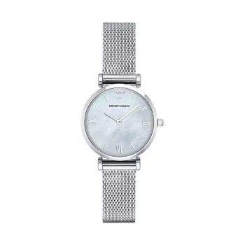 Zegarek damski Armani AR1955 na baterię, koperta ze stali nierdzewnej 32 mm, biała tarcza, brązowy pasek skórzany
