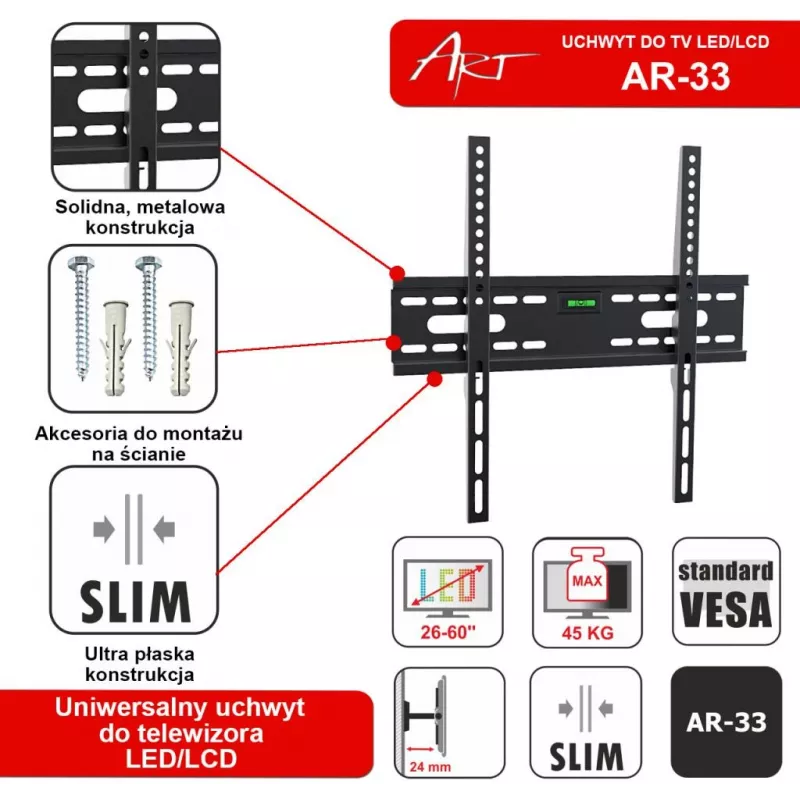 ART AR-33 stały uchwyt ścienny do telewizorów LCD/LED 26-60 cali, 45 kg, VESA 400x400, smukły profil 24 mm, czarny