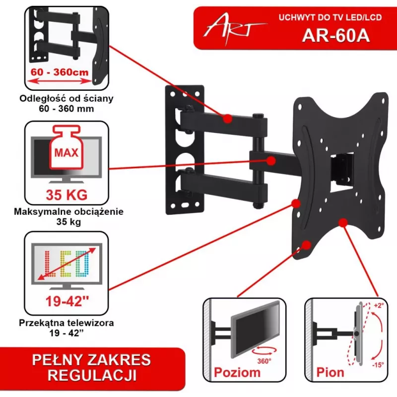 ART AR-60A uchwyt ścienny do telewizora z regulacją kąta, 19-42 cale LED/LCD, 35 kg, czarny