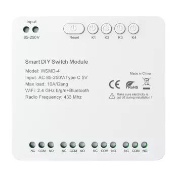 AVATTO WSMD-4 250V Moduł inteligentnego przełącznika 1-obwodowy, bez przewodu neutralnego, WiFi 2.4GHz, Tuya Smart, kompatybilny z Alexa i Google Home, 10A/2200W