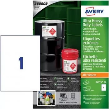 Avery Zweckform B4775-50 Etykiety foliowe z polietylenu A4, białe, klej trwały, laser/kopiarka, 50 etykiet, 210 x 297 mm