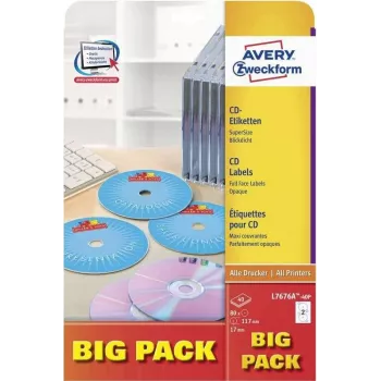 Avery Zweckform L7676A-40P Etykiety CD/DVD, Ø 117 mm, białe, 40 arkuszy / 80 etykiet, A4, atramentowe i laserowe