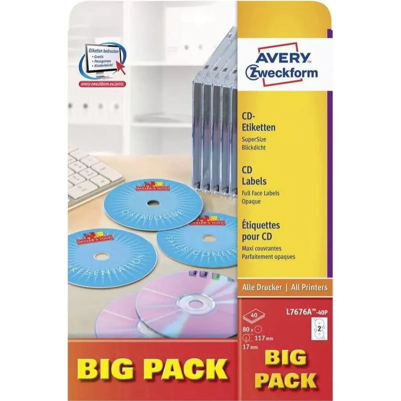 Avery Zweckform L7676A-40P Etykiety CD/DVD, Ø 117 mm, białe, 40 arkuszy / 80 etykiet, A4, atramentowe i laserowe