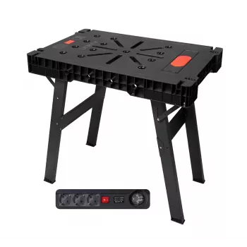 AWTOOLS Składany Stół Warsztatowy z Listwą Zasilającą, Szybki Montaż, 1000x600x750 mm, Nośność 150 kg, Czarna Rama, Naturalny Drewniany Blat