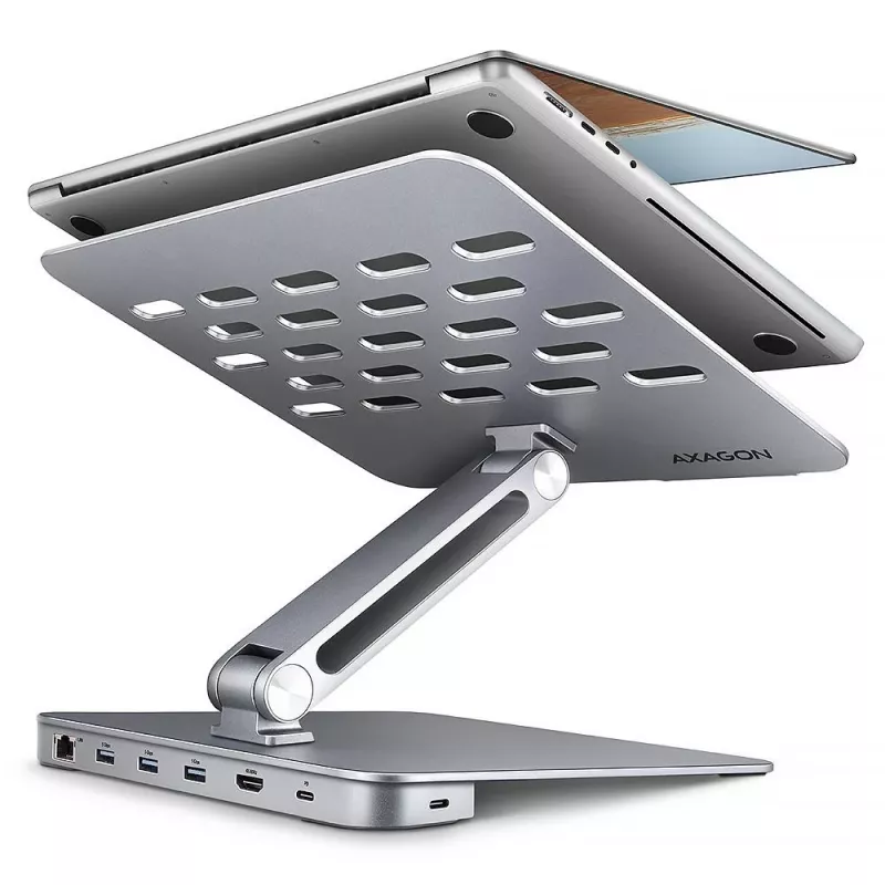 AXAGON HMC-STND Podstawka pod notebook 10-16 cali z hubem USB-C 7-in-1, HDMI 4K, PD 100W, Gigabit Ethernet, czytnikiem kart SD – Srebrny