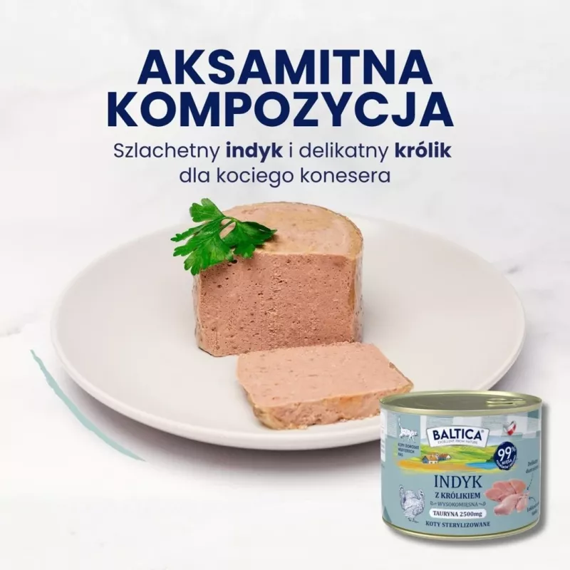 BALTICA Smaki Regionów Mokra karma dla dorosłych kotów z indykiem i królikiem 185g puszka
