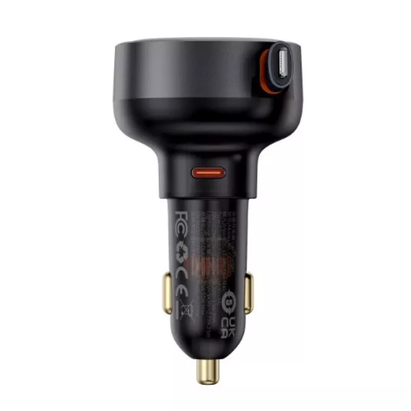 Ładowarka samochodowa Baseus Enjoyment Pro, szybkie ładowanie, Type-C żeński, Lightning męski (0,75m) z wbudowanym kablem zwijanym, 55W, czarny, EU