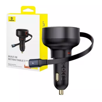 Ładowarka samochodowa Baseus Enjoyment Pro, szybkie ładowanie, Type-C żeński, Lightning męski (0,75m) z wbudowanym kablem zwijanym, 55W, czarny, EU