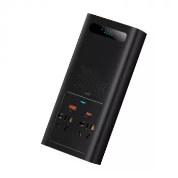 Baseus Car Power Inverter IGBT 300W/220V z podwójnymi gniazdami EU, USB-C PD, USB-A QC, przewodami z zaciskami akumulatora i zapalniczki, czarny (CGNB010101)