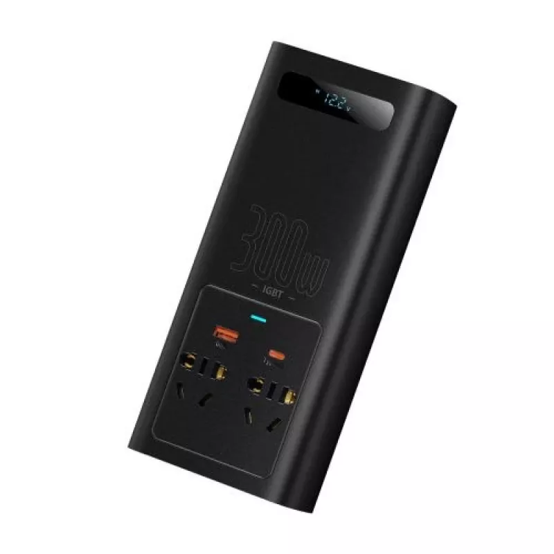 Baseus Car Power Inverter IGBT 300W/220V z podwójnymi gniazdami EU, USB-C PD, USB-A QC, przewodami z zaciskami akumulatora i zapalniczki, czarny (CGNB010101)