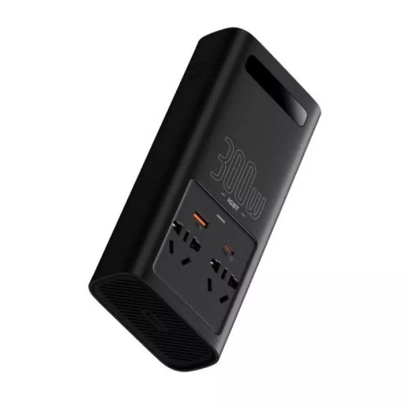 Baseus Car Power Inverter IGBT 300W/220V z podwójnymi gniazdami EU, USB-C PD, USB-A QC, przewodami z zaciskami akumulatora i zapalniczki, czarny (CGNB010101)