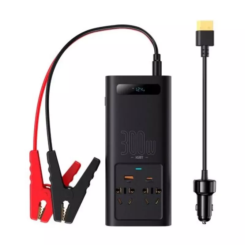 Baseus Car Power Inverter IGBT 300W/220V z podwójnymi gniazdami EU, USB-C PD, USB-A QC, przewodami z zaciskami akumulatora i zapalniczki, czarny (CGNB010101)