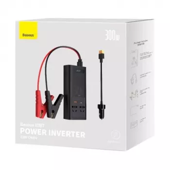 Baseus Car Power Inverter IGBT 300W/220V z podwójnymi gniazdami EU, USB-C PD, USB-A QC, przewodami z zaciskami akumulatora i zapalniczki, czarny (CGNB010101)