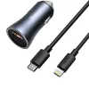 Baseus Golden Contactor Pro Dual Quick Car Charger 40W USB-C + USB-A PD 3.0 QC 4+ SCP FCP AFC z kablem Type-C na Lightning 1m Czarny Ciemnoszary