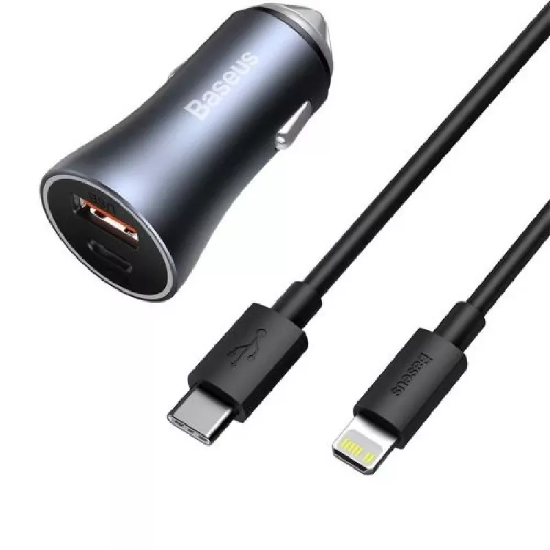 Baseus Golden Contactor Pro Dual Quick Car Charger 40W USB-C + USB-A PD 3.0 QC 4+ SCP FCP AFC z kablem Type-C na Lightning 1m Czarny Ciemnoszary