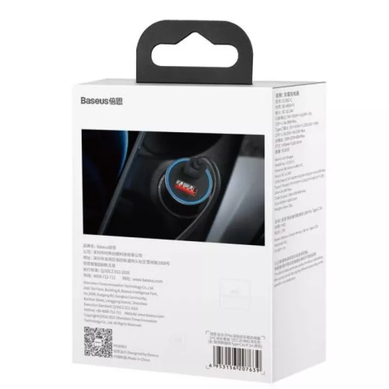 Baseus Golden Contactor Pro Dual Quick Car Charger 40W USB-C + USB-A PD 3.0 QC 4+ SCP FCP AFC z kablem Type-C na Lightning 1m Czarny Ciemnoszary