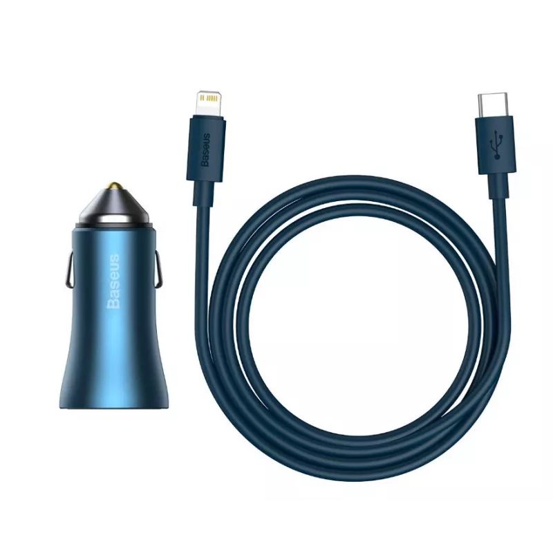 Baseus Golden Contactor Pro Dual Quick Car Charger 40W z kablem USB-C na Lightning 1m Niebieski