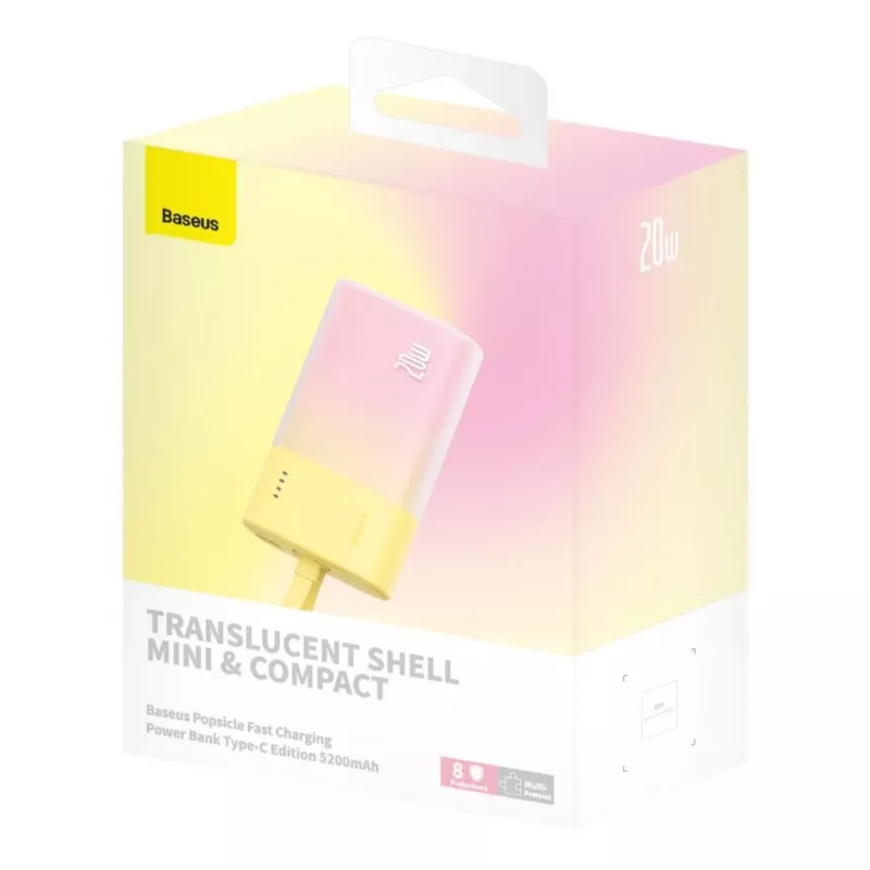 Baseus Popsicle 5200mAh 20W Power Bank z wbudowanym kablem Lightning i biały Baseus Simple USB-C do USB-C 60W 30cm - Żółto-Różowy