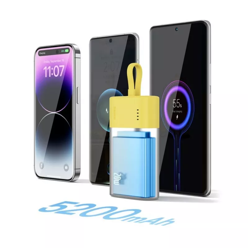 Baseus Popsicle 5200mAh 20W Power Bank z wbudowanym kablem Lightning i biały Baseus Simple USB-C do USB-C 60W 30cm - Żółto-Różowy