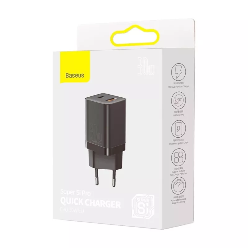 Baseus Super Si Pro Mini Fast Charger 30W, USB-C + USB-A, PD 3.0, QC 3.0, EU Plug, Black (CCSUPP-E01)