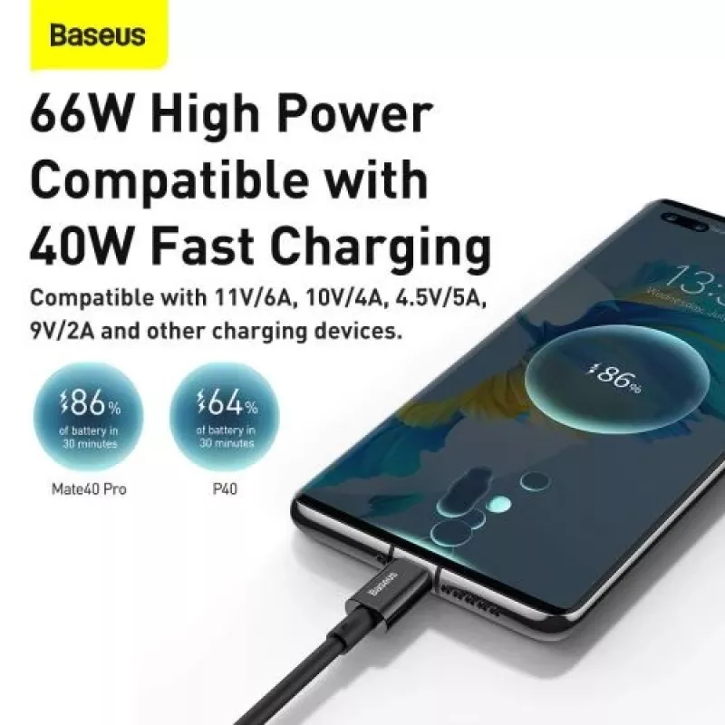 Baseus Superior Series USB-A do USB-C Szybki Kabel Ładujący i do Danych, 66W (11V/6A), 2m, Czarny (CATYS-A01)