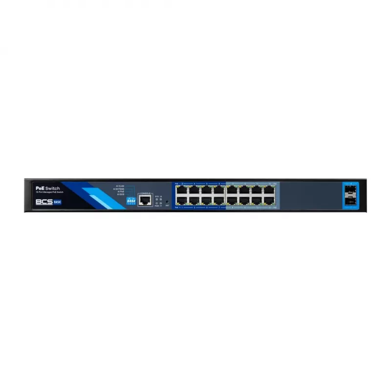 BCS B-SP16G-2SFP-M Przemysłowy niezarządzalny 16-portowy przełącznik Gigabit PoE+ z 2 slotami SFP, budżet PoE 240W, montaż na szynie DIN