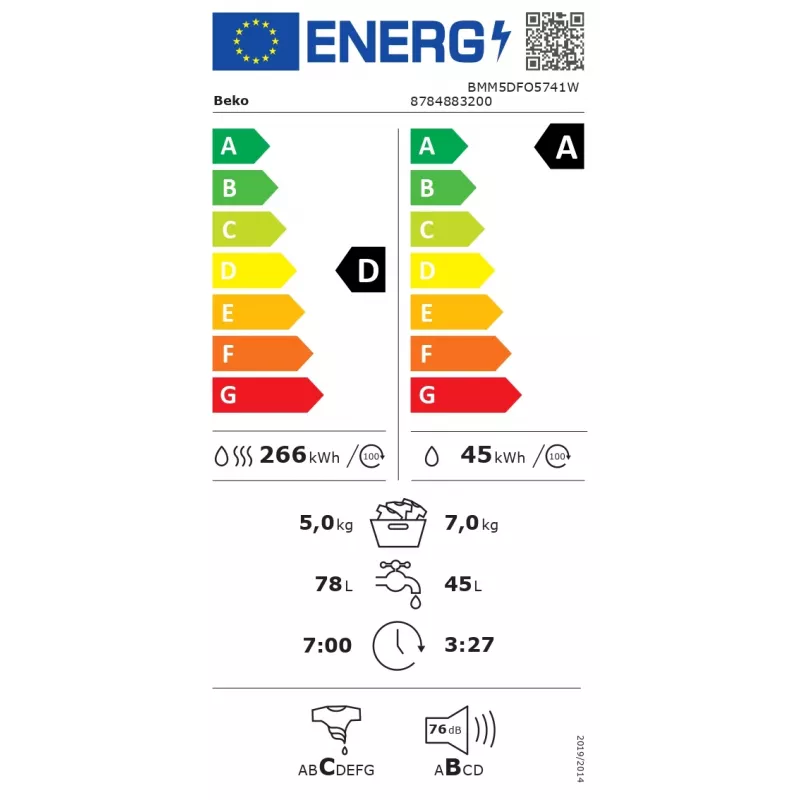 Pralko-suszarka BEKO BMM5DFO5741W, 7 kg prania / 5 kg suszenia, 1400 obr/min, klasa energetyczna D, biała