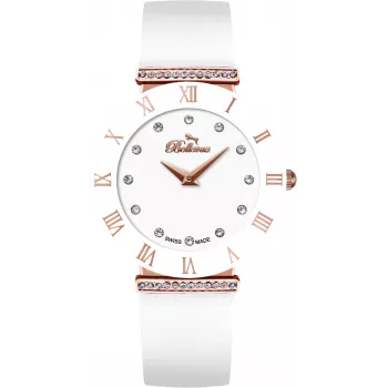 Zegarek damski BELLEVUE E120 Quartz Analogowy 26mm Koperta ze stali nierdzewnej Biała tarcza Czarny pasek skórzany