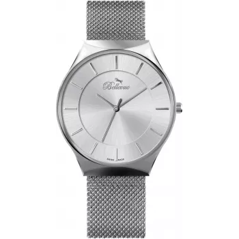 BELLEVUE E56 Męski Zegarek Analogowy Kwarcowy 32mm Koperta ze Stali Nierdzewnej Czarna Tarcza Skórzany Pasek Naturalny