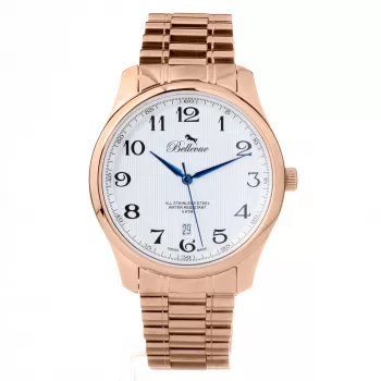 Zegarek damski BELLEVUE FB4 na kwarc, analogowy, 40 mm, stal nierdzewna, czarna tarcza, skórzany pasek