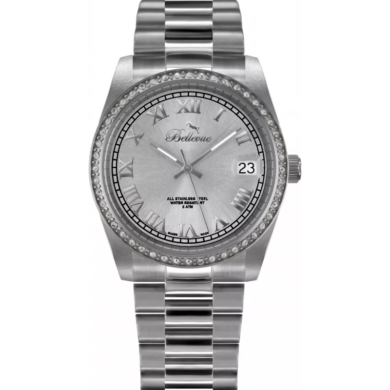 Zegarek damski BELLEVUE H3 na kwarc 36mm Stal nierdzewna Biała tarcza Czarna skóra