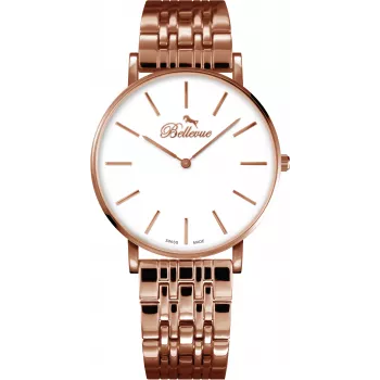 BELLEVUE Woman D32 40mm Quartz Analog Watch Silver Dial Black Leather Strap