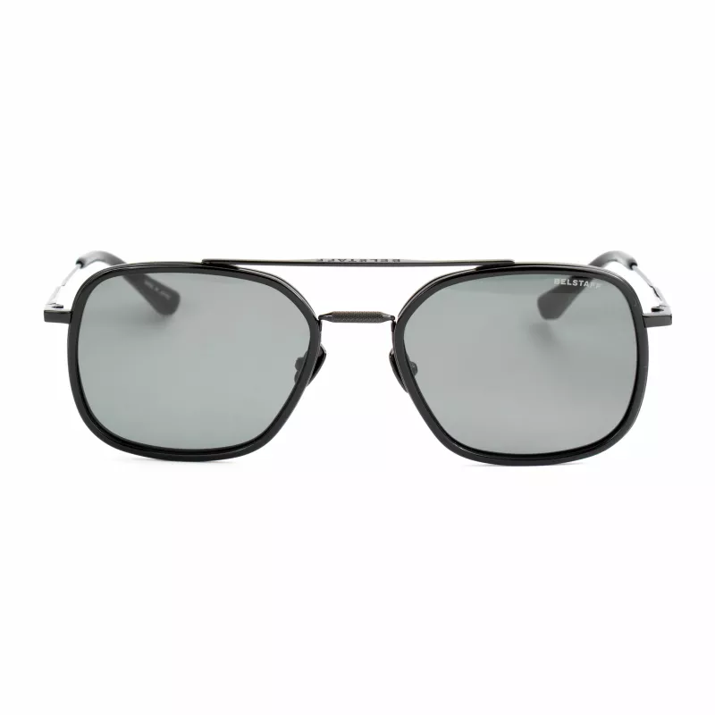Okulary przeciwsłoneczne Belstaff Avedon S118 dla mężczyzn - czarna oprawka acetatowa, szare soczewki poliwęglanowe, ochrona UV400, 56/20/145 mm
