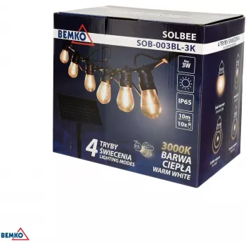 BEMKO SOLBEE Lampki ogrodowe LED zasilane energią słoneczną 10 LED 10m Ciepła biel 3000K IP65 Czarny