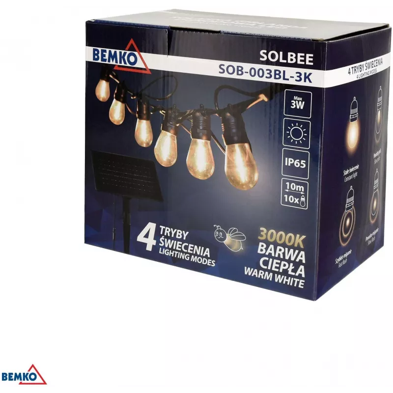 BEMKO SOLBEE Lampki ogrodowe LED zasilane energią słoneczną 10 LED 10m Ciepła biel 3000K IP65 Czarny