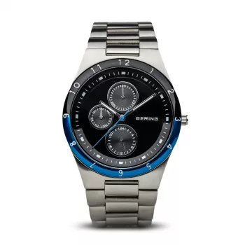 Zegarek męski BERING Classic Minimalist Quartz 39mm, koperta tytanowa, niebieska tarcza, szara siateczka ze stali nierdzewnej 32339-702