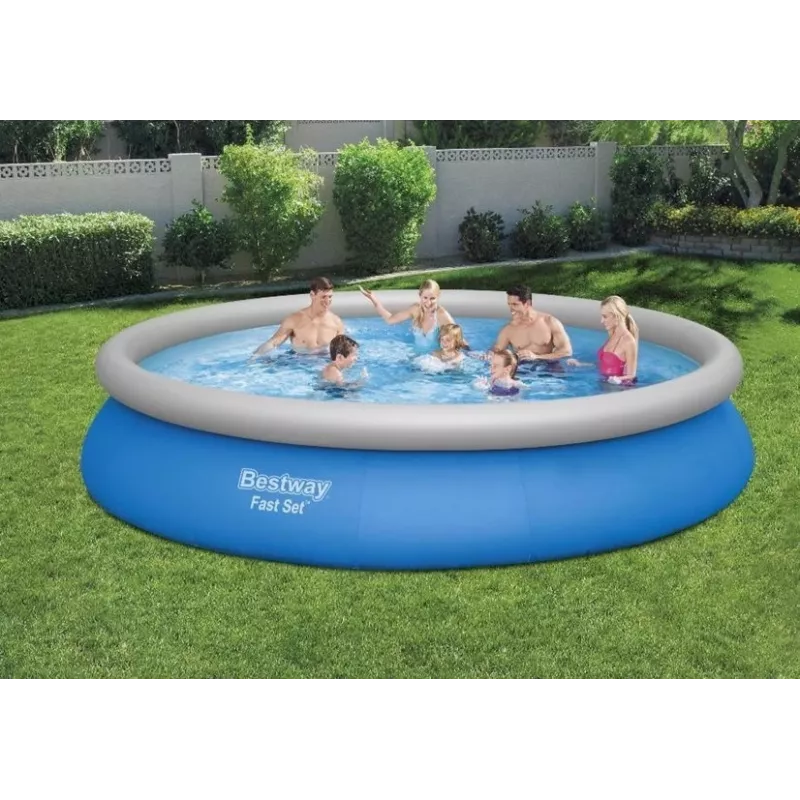 Bestway Fast Set Pool 457 x 84 cm (15 ft) Okrągły Nadmuchiwany Basen Naziemny z Filtrem, Pojemność 11016 L, Wykładzina DuraPlus, Wzór Prismatic Stone