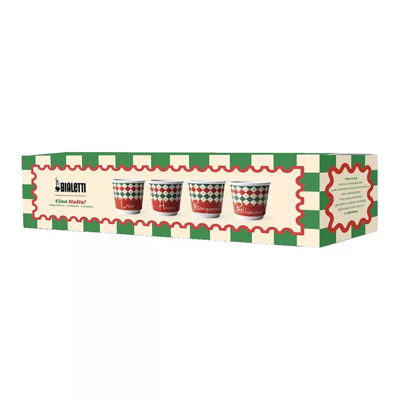 Bialetti Zestaw 4 szklanek do espresso Tricolore, 80 ml, szkło, kolory włoskiej flagi, można myć w zmywarce