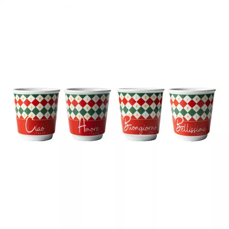 Bialetti Zestaw 4 szklanek do espresso Tricolore, 80 ml, szkło, kolory włoskiej flagi, można myć w zmywarce