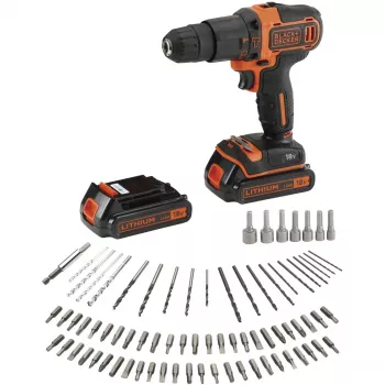 BLACK+DECKER 18V Akumulatorowa Wiertarko-wkrętarka udarowa BDCHD18BAFC, Czarno-pomarańczowa, 2x baterie 1,5 Ah Li-Ion, 80-elementowy zestaw akcesoriów, walizka