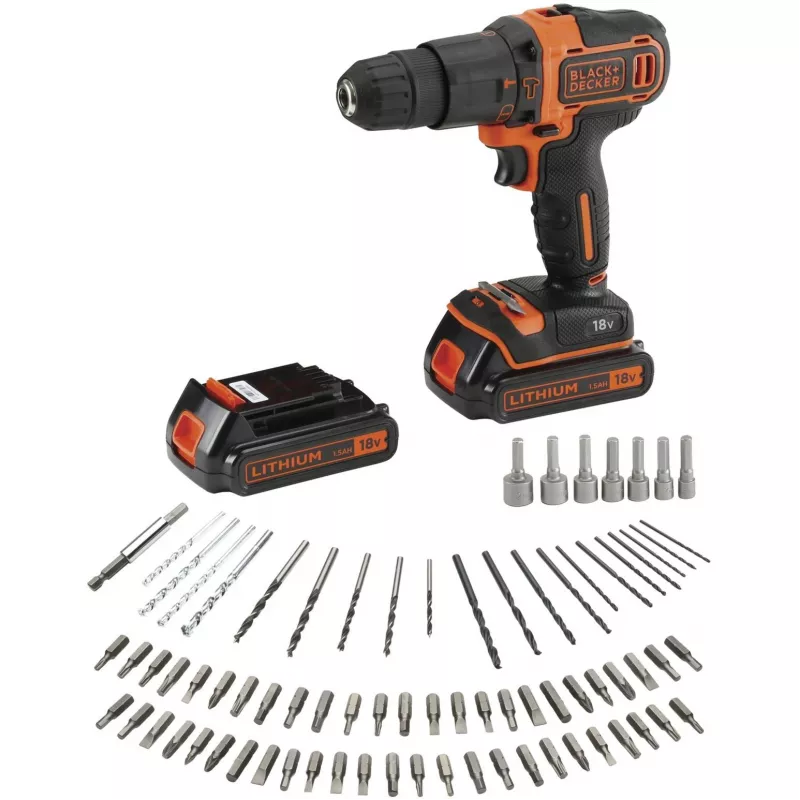 BLACK+DECKER 18V Akumulatorowa Wiertarko-wkrętarka udarowa BDCHD18BAFC, Czarno-pomarańczowa, 2x baterie 1,5 Ah Li-Ion, 80-elementowy zestaw akcesoriów, walizka