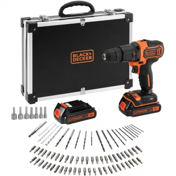 BLACK+DECKER 18V Akumulatorowa Wiertarko-wkrętarka udarowa BDCHD18BAFC, Czarno-pomarańczowa, 2x baterie 1,5 Ah Li-Ion, 80-elementowy zestaw akcesoriów, walizka