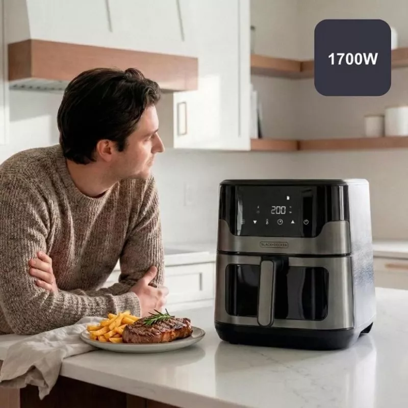 BLACK+DECKER BXAF8001E 8L Cyfrowa Frytkownica Beztłuszczowa, 1700W, 8 Programów, Kosz Nieprzywierający, Czarny