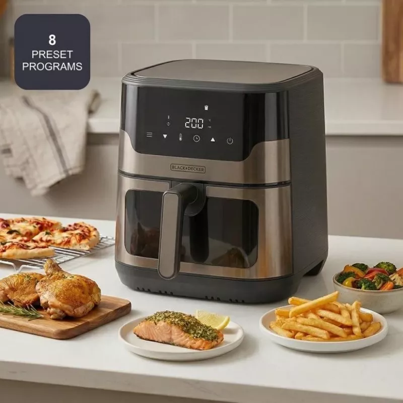 BLACK+DECKER BXAF8001E 8L Cyfrowa Frytkownica Beztłuszczowa, 1700W, 8 Programów, Kosz Nieprzywierający, Czarny